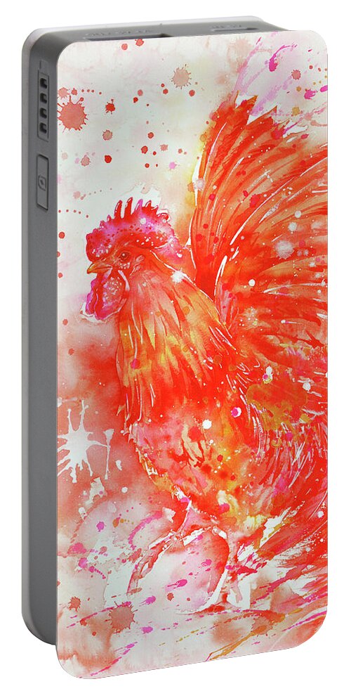 Red Rooster Portable Battery Charger featuring the painting Flaming Rooster by Zaira Dzhaubaeva