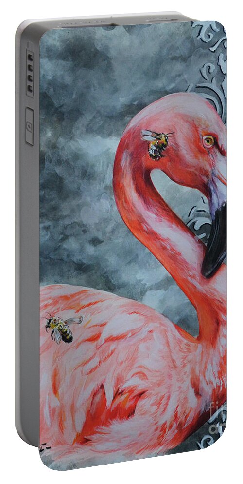 Flamingo Portable Battery Charger featuring the painting Flamingo and Bees by Lachri