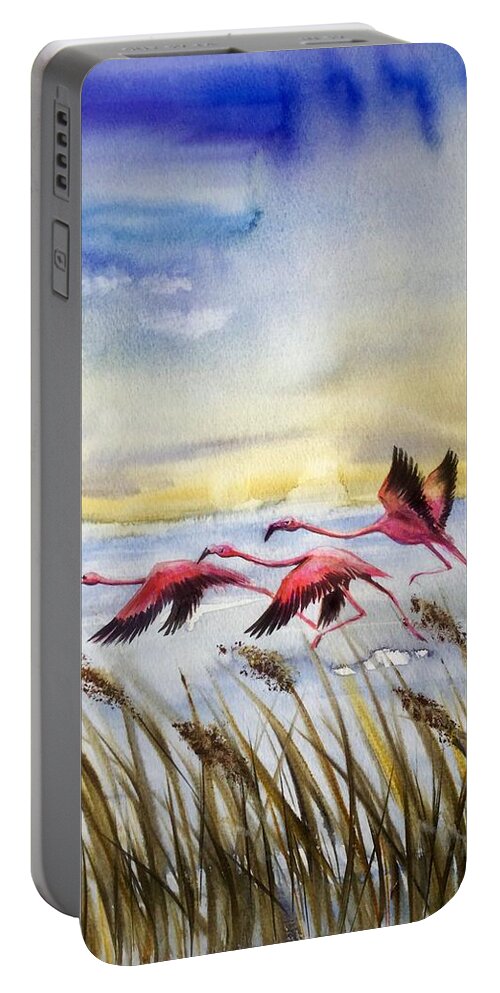 Flamingoes Portable Battery Charger featuring the painting Flamingoes flight by Katerina Kovatcheva