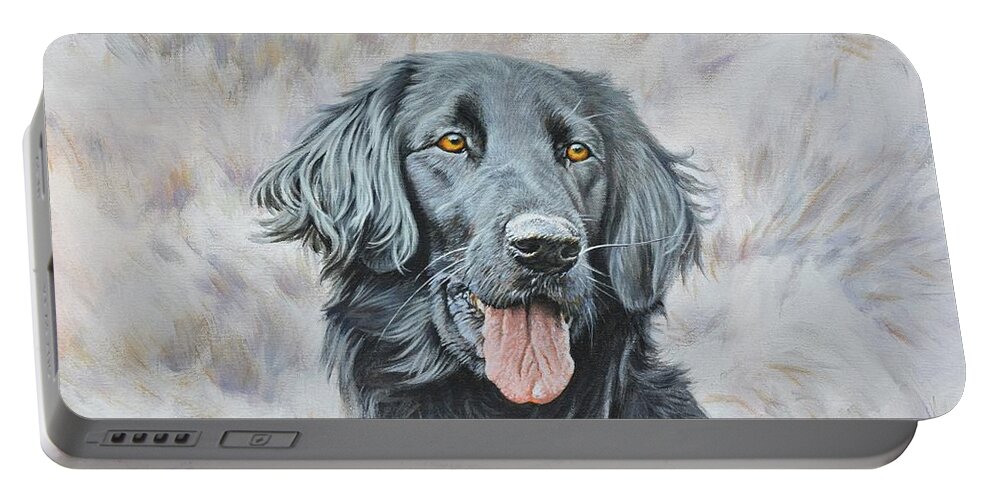 Dog Portable Battery Charger featuring the painting Flat Coated Retriever Portrait by Alan M Hunt