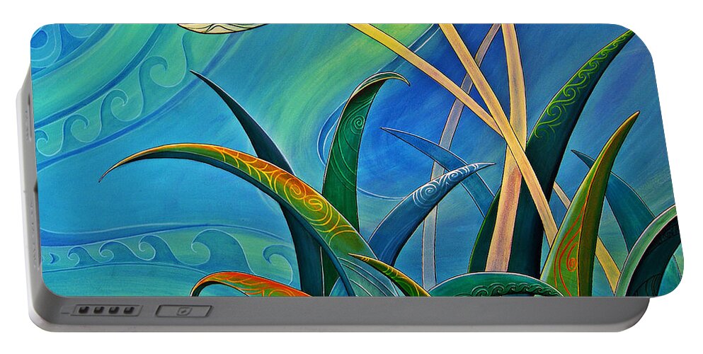 Flax Portable Battery Charger featuring the painting Flax Harakeke by Reina Cottier by Reina Cottier