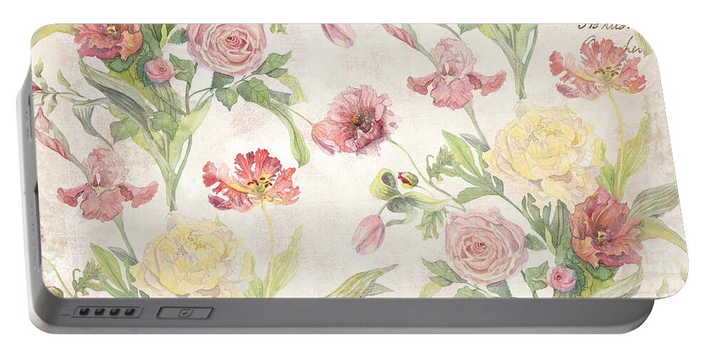 Peony Portable Battery Charger featuring the painting Fleurs de Pivoine - Watercolor in a French Vintage Wallpaper Style by Audrey Jeanne Roberts
