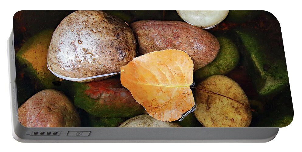 Leaf Portable Battery Charger featuring the photograph Floating Leaf And Pebbles by Jeff Townsend