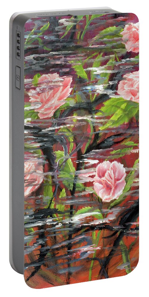 Acrylic Painting Roses Water Reflections Abstract Art Portable Battery Charger featuring the painting Floating by Medea Ioseliani