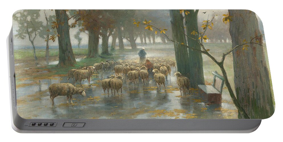 Adolf Kaufmann Portable Battery Charger featuring the painting Flock of Sheep with Shepherdess on a Rainy Day by Adolf Kaufmann