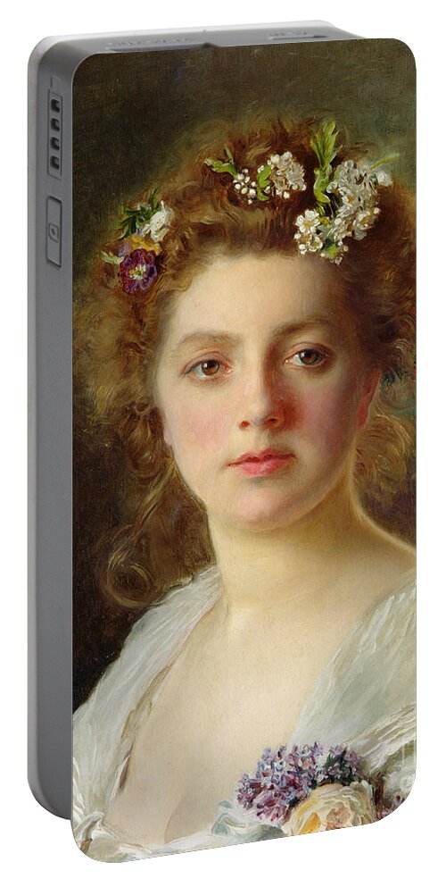 Female; Portrait; Flowers; Flower; Garland; Decollete; Beauty; Young; Rural; Tess; Hair; Regard; Staring; Woman; Gustave Jacquet Portable Battery Charger featuring the painting Flora by Gustave Jacquet