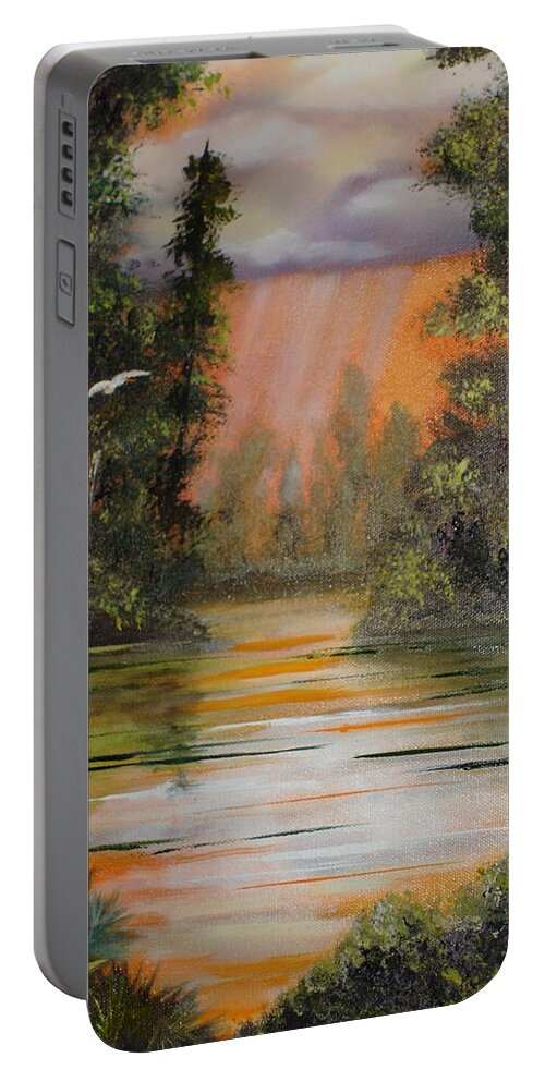 Landscape Portable Battery Charger featuring the painting Florida Thunderstorm by Susan Kubes