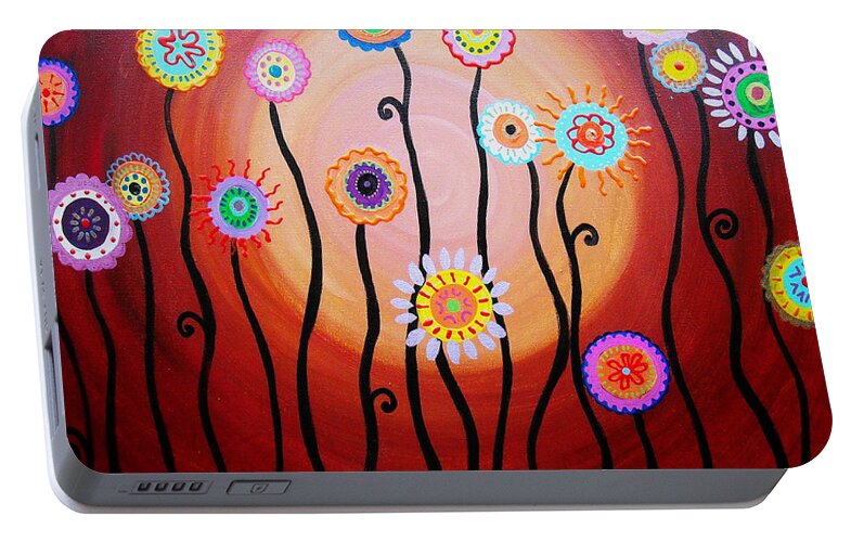 Blooming Portable Battery Charger featuring the painting Flower Fest by Pristine Cartera Turkus