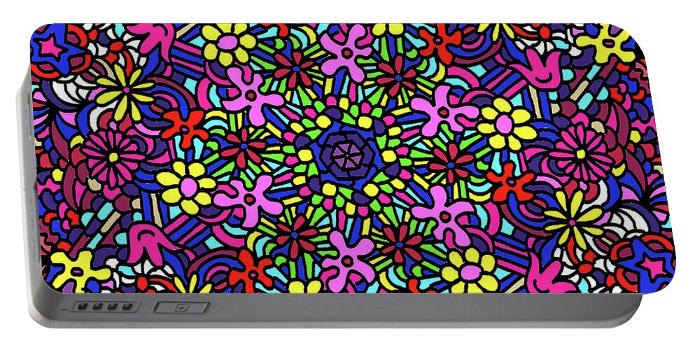 Gravityx9 Portable Battery Charger featuring the mixed media Flower Power Doodle Art by Gravityx9 Designs