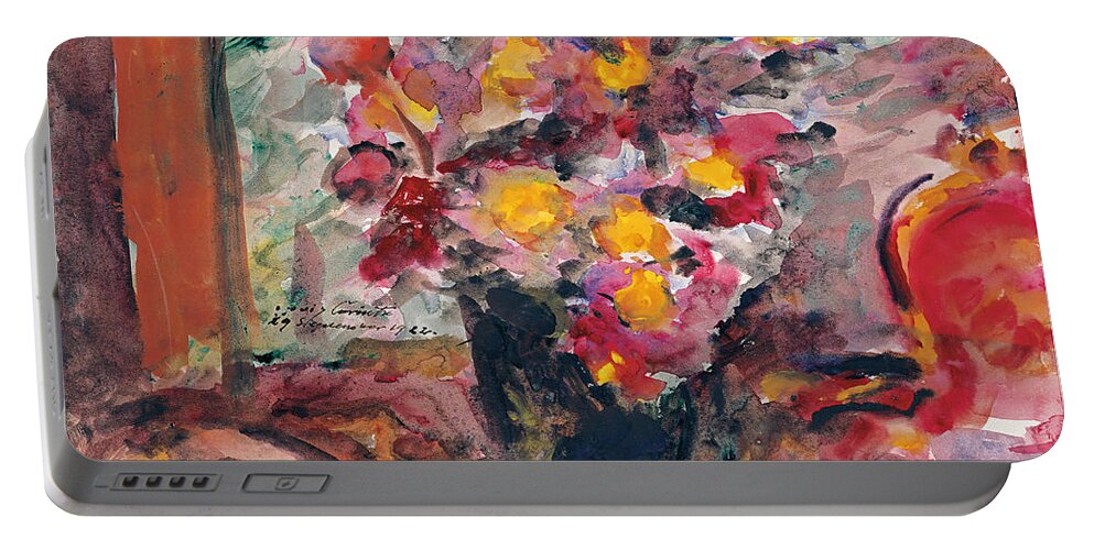 Lovis Corinth Portable Battery Charger featuring the painting Flower Vase on a Table by Lovis Corinth