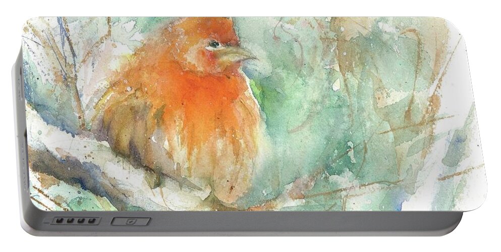 Bird Portable Battery Charger featuring the painting Fluffy Finch by Christy Lemp
