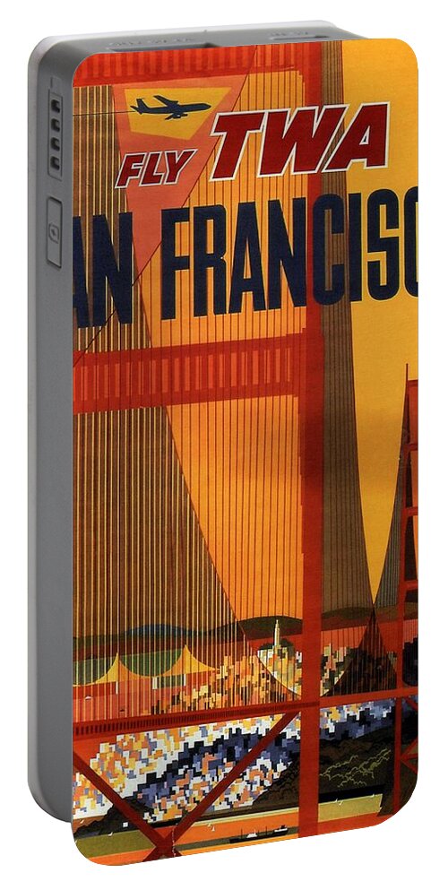 Trans World Airlines Portable Battery Charger featuring the mixed media Fly TWA San Francisco - Trans World Airlines - Retro travel Poster - Vintage Poster by Studio Grafiikka