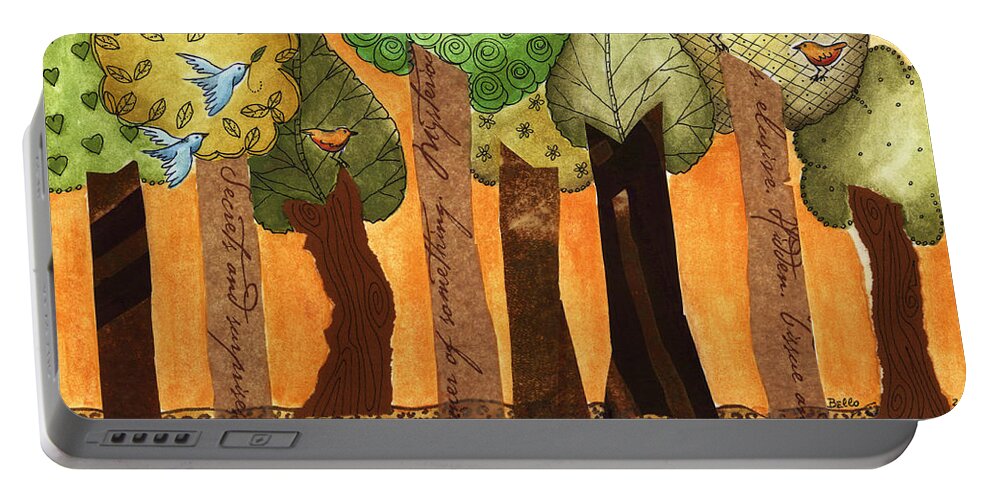 Trees Portable Battery Charger featuring the painting Flying in the forest by Graciela Bello