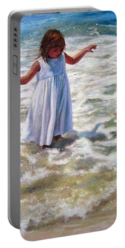 Children At Beach Portable Battery Charger featuring the painting Flying in the Surf by Marie Witte