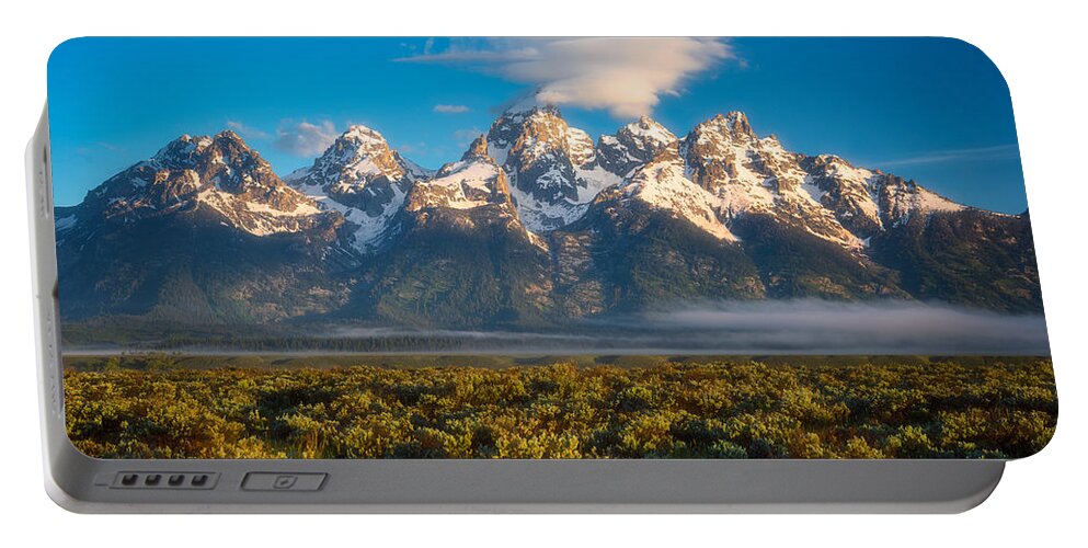 Mountains Portable Battery Charger featuring the photograph Fog at the Tetons by Darren White