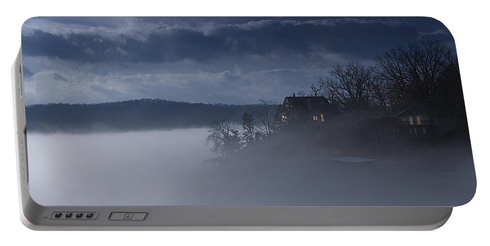 Lake Portable Battery Charger featuring the photograph Fog on the Lake - Dawn at the Lake of the Ozarks, Missouri by Mitch Spence