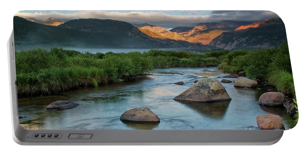 Rocky Mountain National Park Portable Battery Charger featuring the photograph Fog Rolls in on Moraine Park and the Big Thompson River in Rocky by Ronda Kimbrow