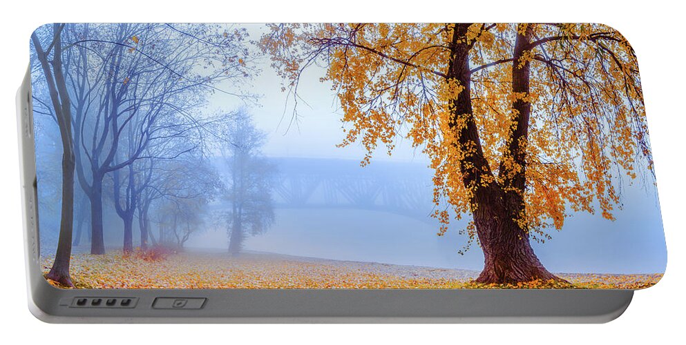 Europe Portable Battery Charger featuring the photograph Foggy autumn morning on Vistula by Dmytro Korol