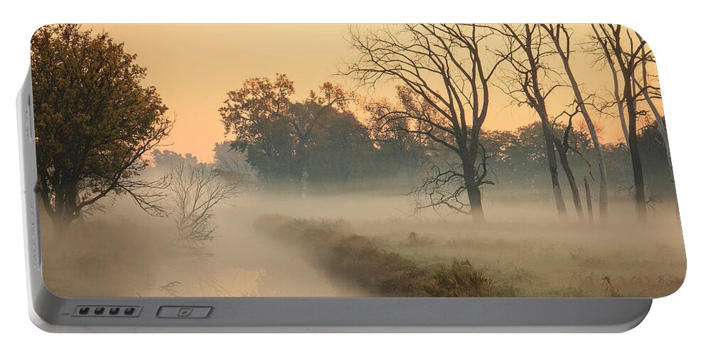 Illinois Portable Battery Charger featuring the photograph Foggy Fall Morning on Gary Avenue by Joni Eskridge