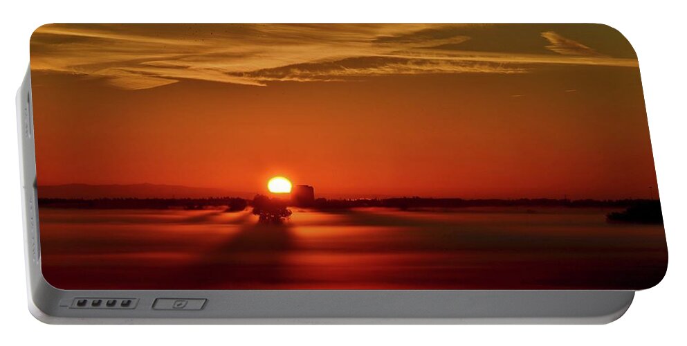 Sunrise Portable Battery Charger featuring the photograph Foggy Farmlands Sunrise by Marilyn MacCrakin