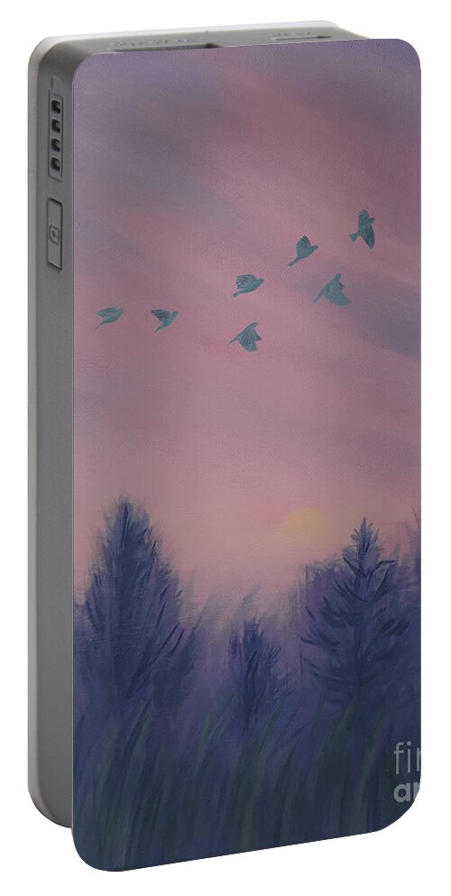 Spring Portable Battery Charger featuring the mixed media Foggy Morning Sunrise on the Garden of the Gods by Yoonhee Ko