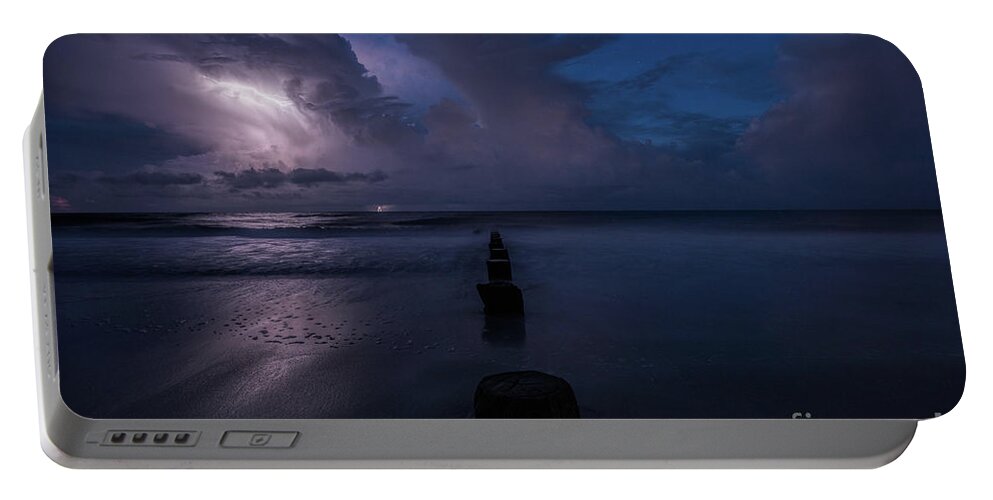 Lightning Illuminating The Shore At Folly Island. Portable Battery Charger featuring the photograph Folly Island Lightning by Robert Loe