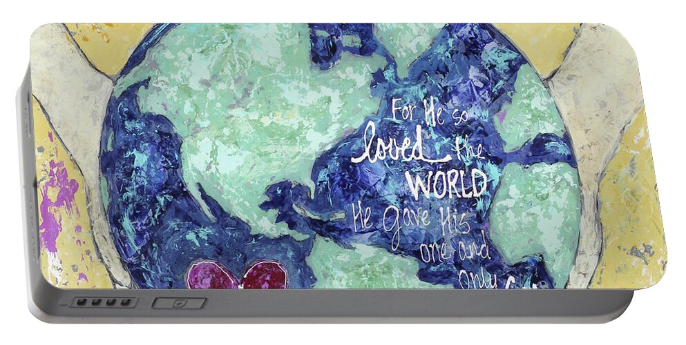 Jesus Portable Battery Charger featuring the painting For He So Loved the World by Kirsten Koza Reed