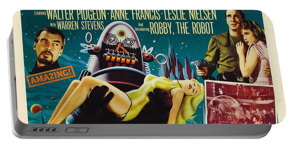 Forbidden Planet Portable Battery Charger featuring the painting Forbidden Planet in CinemaScope retro classic movie poster by Vintage Collectables