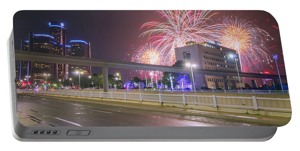 Detroit Portable Battery Charger featuring the photograph Ford Fireworks in Detroit #1 by Jay Smith