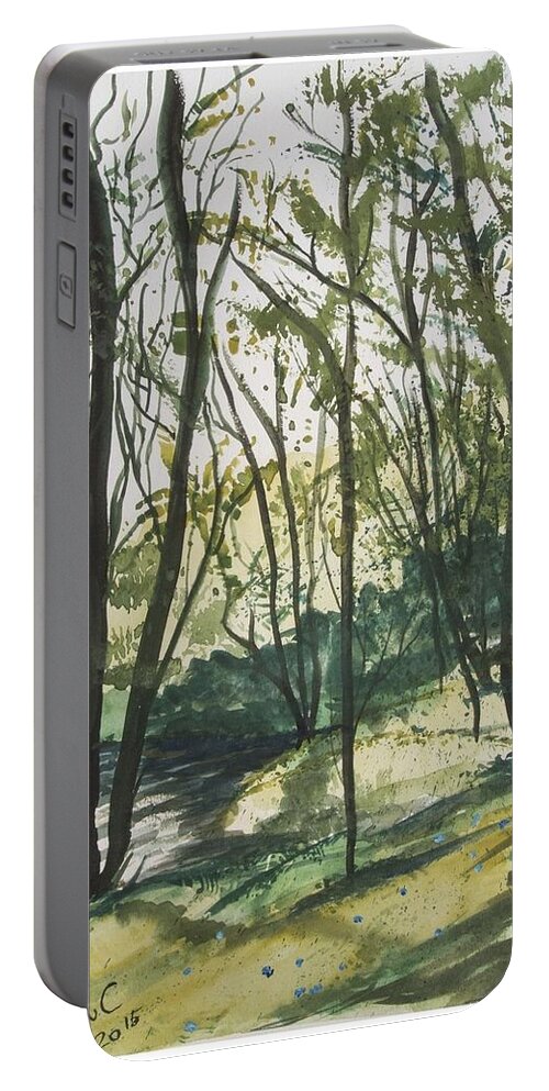 Tree Portable Battery Charger featuring the painting Forest by the lake by Manuela Constantin