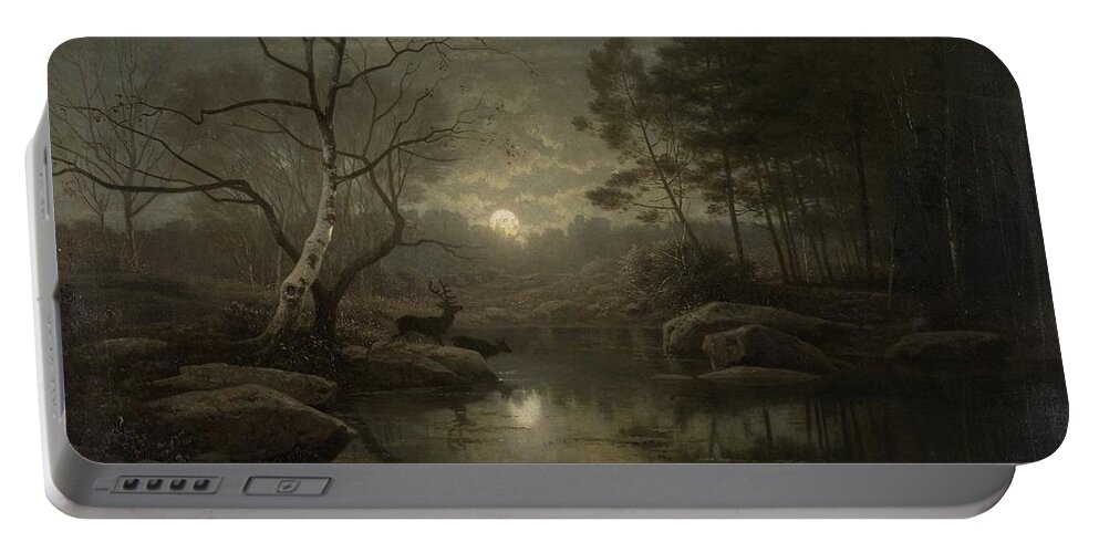 Forest Landscape In The Moonlight Portable Battery Charger featuring the painting Forest Landscape in the Moonlight by MotionAge Designs