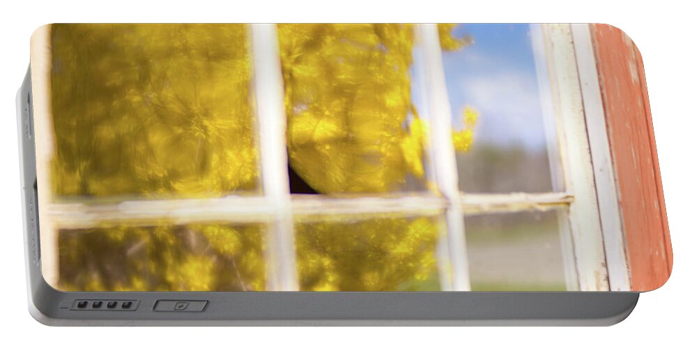 Forsythia Tree Plant Flowering Flowers Barn Window Reflection Reflections Red Redbarn Sky Ma Mass Massachusetts New England New England Usa U.s.a. Brian Hale Brianhalephoto Outside Outdoors Nature Soft Focus Softfocus Lensbaby Velvet Velvet56 56 56mm Portable Battery Charger featuring the photograph Forsythia Reflection 3 by Brian Hale