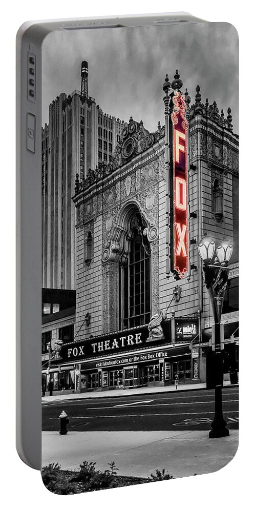 Fox Theater Portable Battery Charger featuring the photograph Fox Theater St Louis MO BnW Red Neon_DSC0113_16 by Greg Kluempers