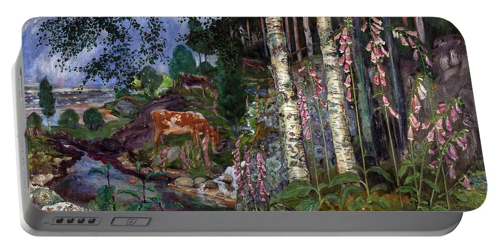Nikolai Astrup Portable Battery Charger featuring the painting Foxgloves, ca 1918 by O Vaering by Nikolai Astrup