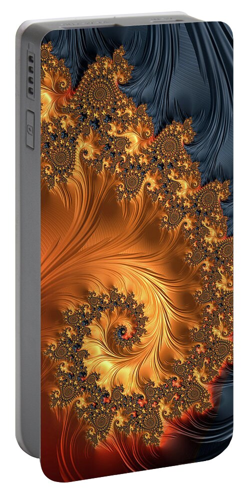 Spiral Portable Battery Charger featuring the digital art Fractal spiral orange golden black by Matthias Hauser