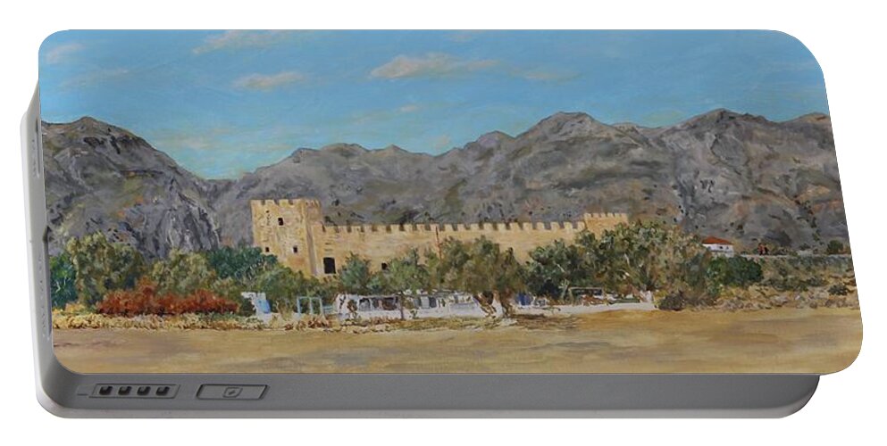 Frangokastello Portable Battery Charger featuring the painting Frangokastello castle - Southern Crete by David Capon