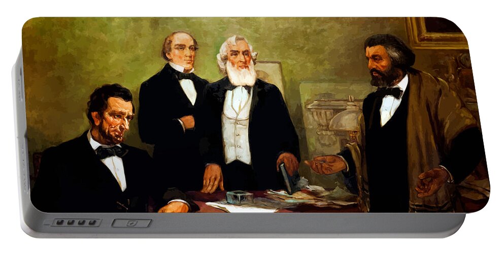 Frederick Douglass Portable Battery Charger featuring the painting Frederick Douglass appealing to President Lincoln by War Is Hell Store