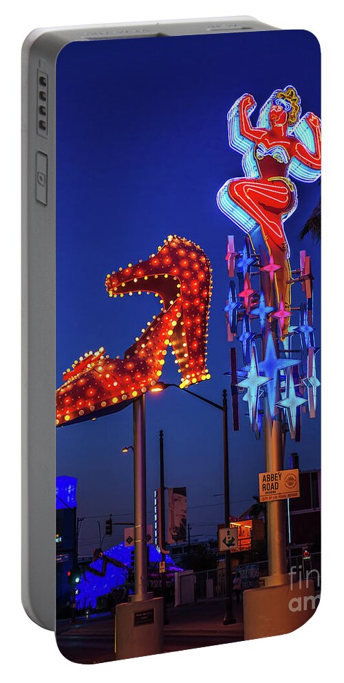 Lucky Lady Portable Battery Charger featuring the photograph Fremont Street Lucky Lady and Ruby Slipper Neon Signs by Aloha Art