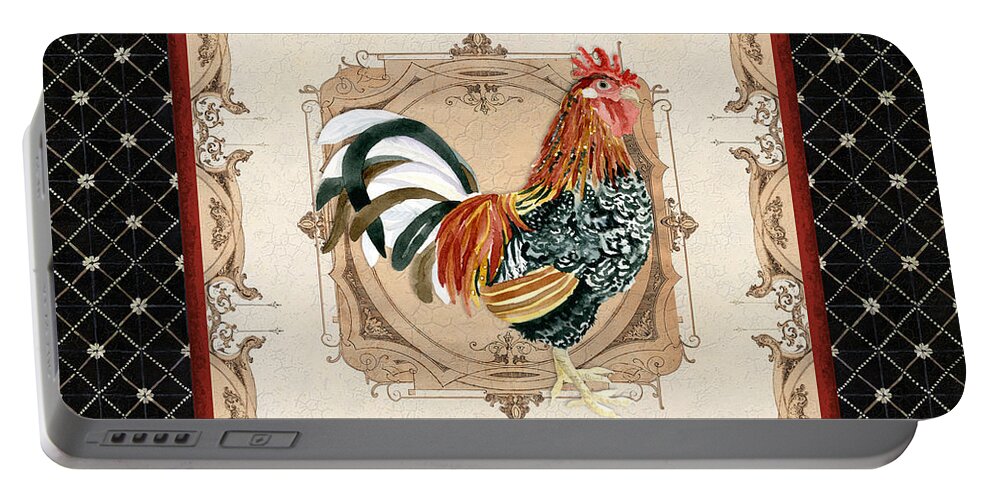Etched Portable Battery Charger featuring the painting French Country Roosters Quartet Black 1 by Audrey Jeanne Roberts