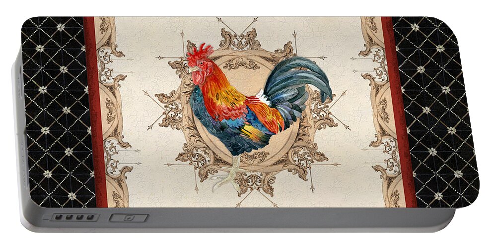 Etched Portable Battery Charger featuring the painting French Country Roosters Quartet Black 2 by Audrey Jeanne Roberts