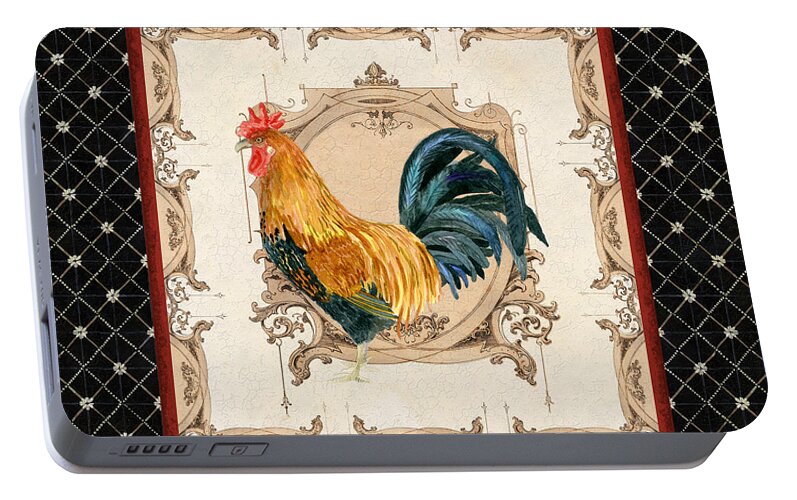 Etched Portable Battery Charger featuring the painting French Country Roosters Quartet 4 by Audrey Jeanne Roberts