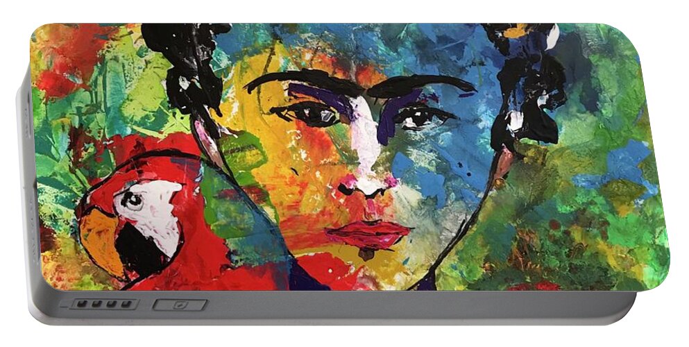 Frida Portable Battery Charger featuring the painting Frida and Parrot Uno by Elaine Elliott