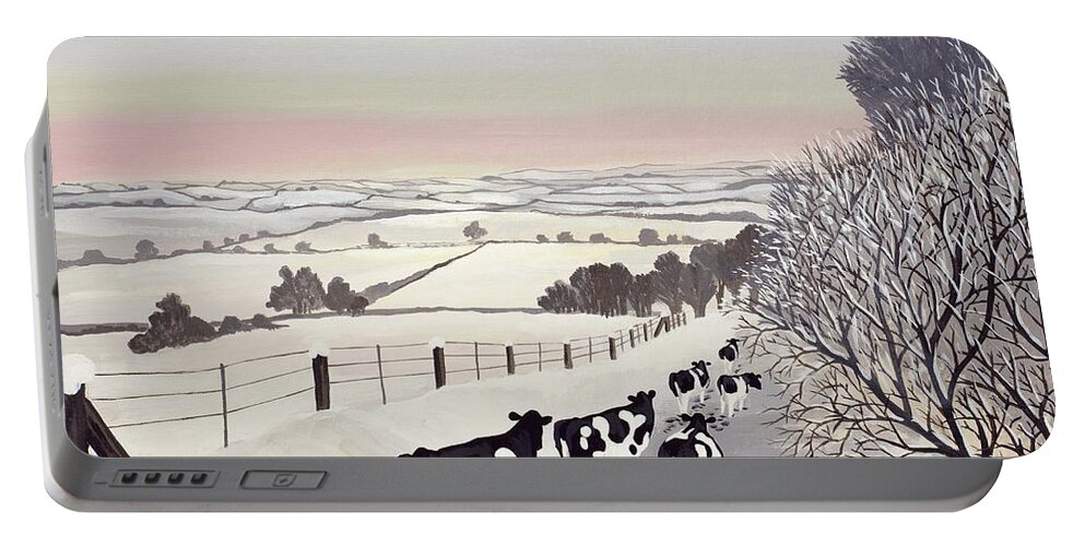 Fence Portable Battery Charger featuring the painting Friesians in Winter by Maggie Rowe