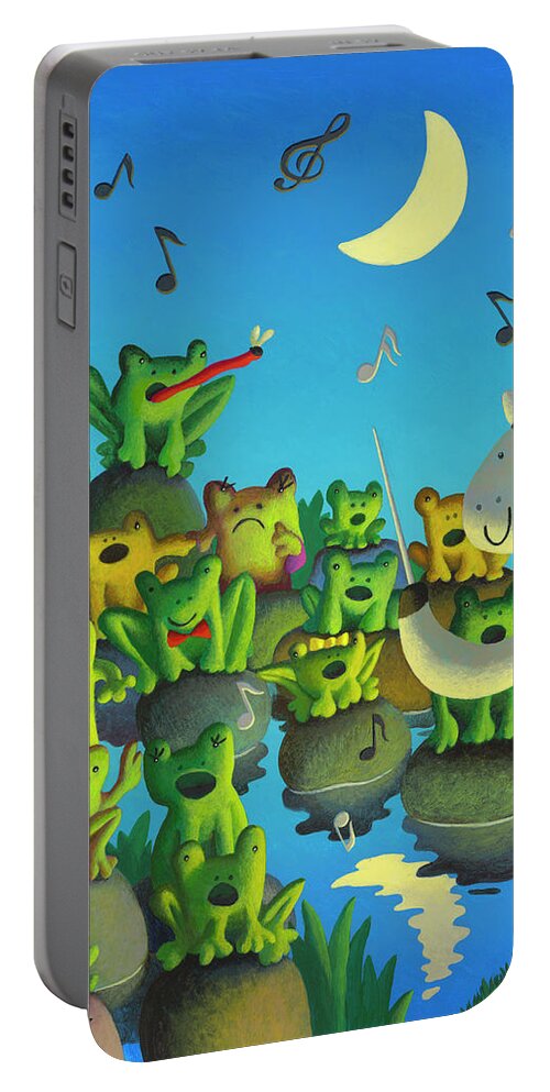 Chris Miles Frogs Unicorn Singing Choir Music Moonlight Swamp Portable Battery Charger featuring the painting Frog Choir by Chris Miles