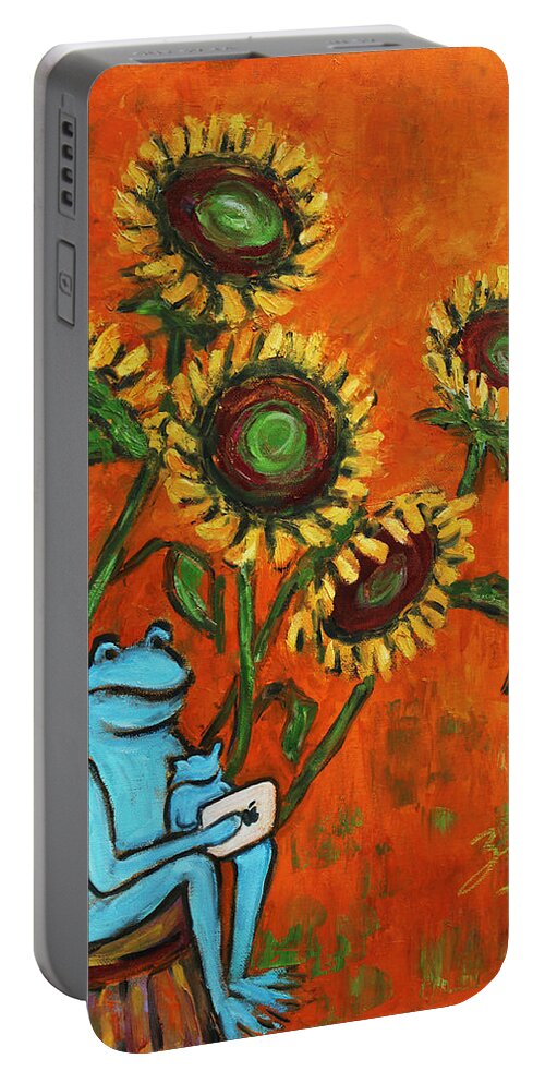 Still Life Portable Battery Charger featuring the painting Frog i Padding amongst Sunflowers by Xueling Zou