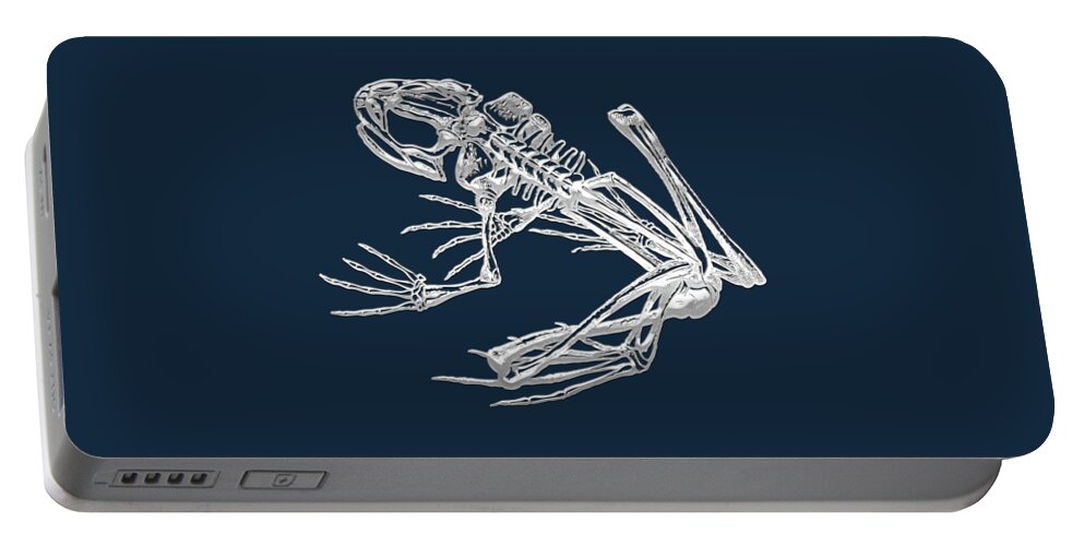 'precious Bones' Collection By Serge Averbukh Portable Battery Charger featuring the digital art Frog Skeleton in Silver on Blue by Serge Averbukh