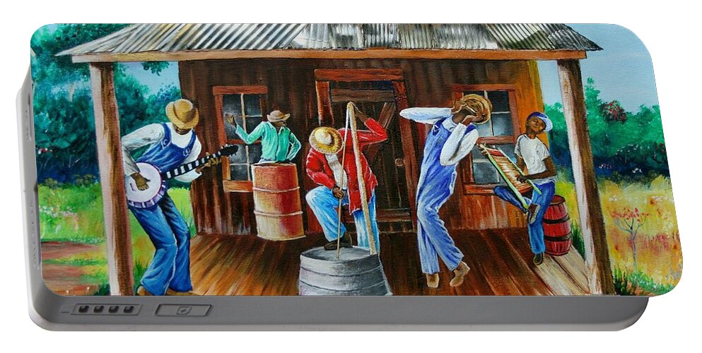  Black Portable Battery Charger featuring the painting Front Porch Jamming by Arthur Covington