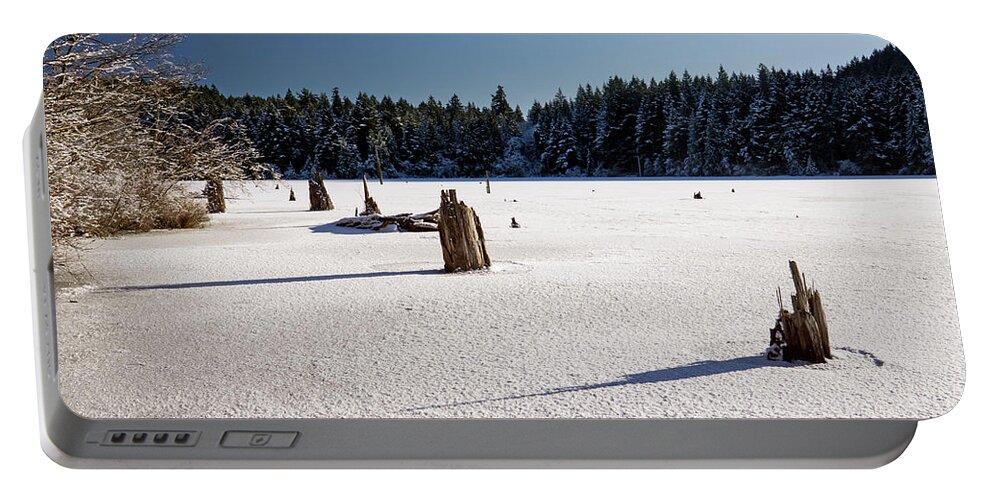 Winter Portable Battery Charger featuring the photograph Frozen Lake by Inge Riis McDonald