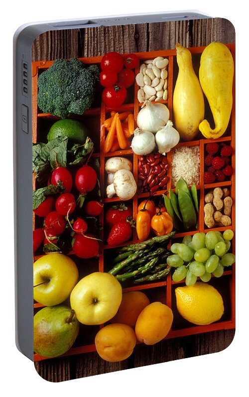 Fruits Vegetables Apples Grapes Compartments Portable Battery Charger featuring the photograph Fruits and vegetables in compartments by Garry Gay
