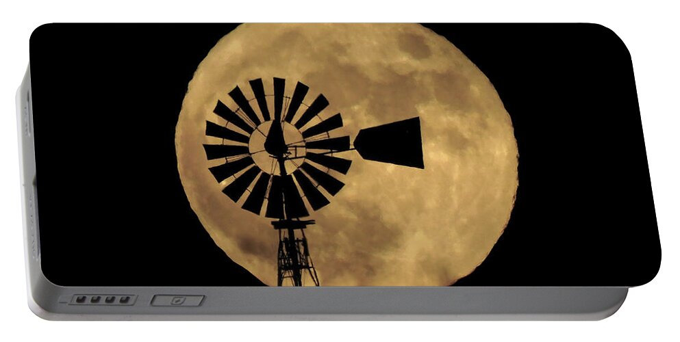 Moon Portable Battery Charger featuring the photograph Full Moon Behind Windmill by Dawn Key
